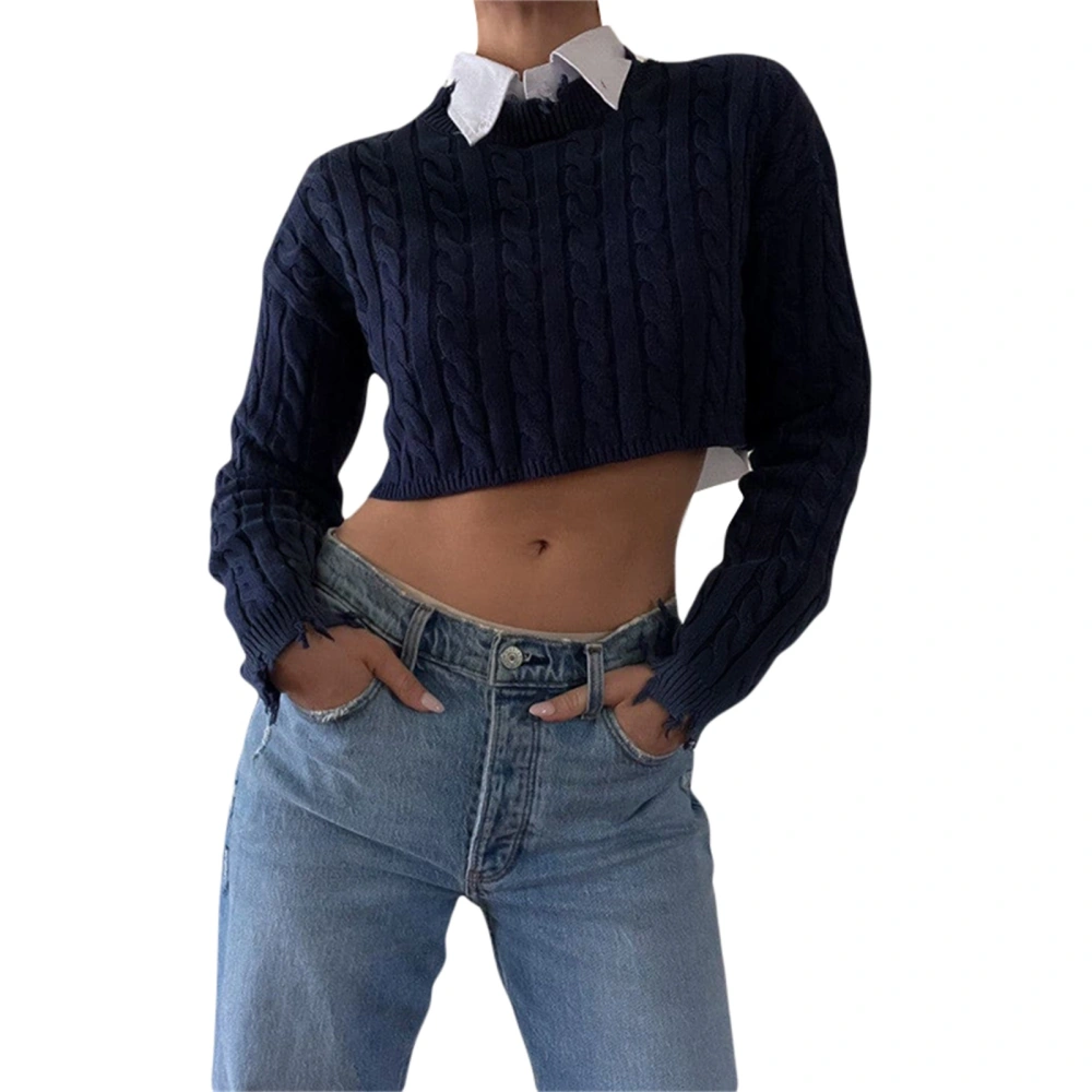 Women Autumn Solid Long Sleeve Ripped Round-Neck Show Navel Knitwear