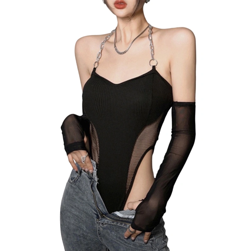 Women Trendy Bodysuit, Mesh Patchwork Chain Halter Tops + Arm Sleeves