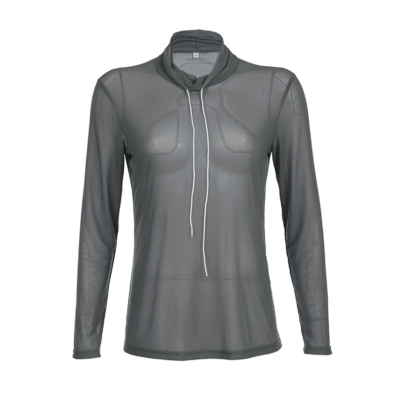 Women's Gray Long Sleeve Drawstring Sun Protection T-shirt Tops