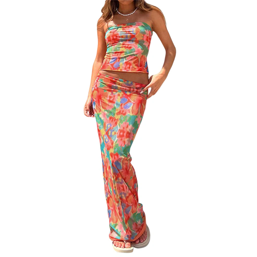 Women Summer Outfits Floral Sleeveless Bandeau Tops and Long Skirt 