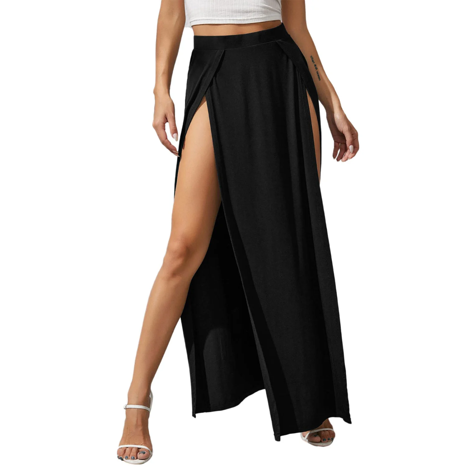 Women's High-Rise Skirt, Pure Color High Split Streetwear Skirt