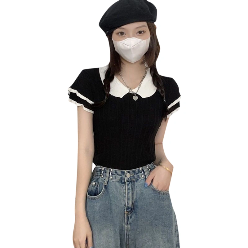 Women's Knit Tops Short Sleeve Doll Collar T-Shirts Aesthetic Clothes