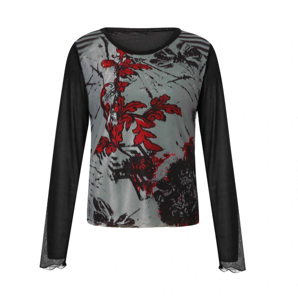 Ladies Round Collar T-shirt, Printing Midriff-baring Tops Base Shirt