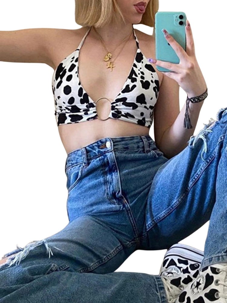 Women Summer Crop Tops, Milk Cow Print V-Neck Sleeveless Sling Vest