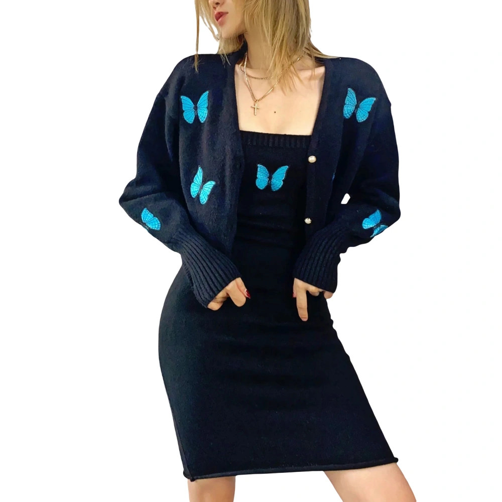 Women's Button Down Long Lantern Sleeve Butterfly Embroidery Cardigan