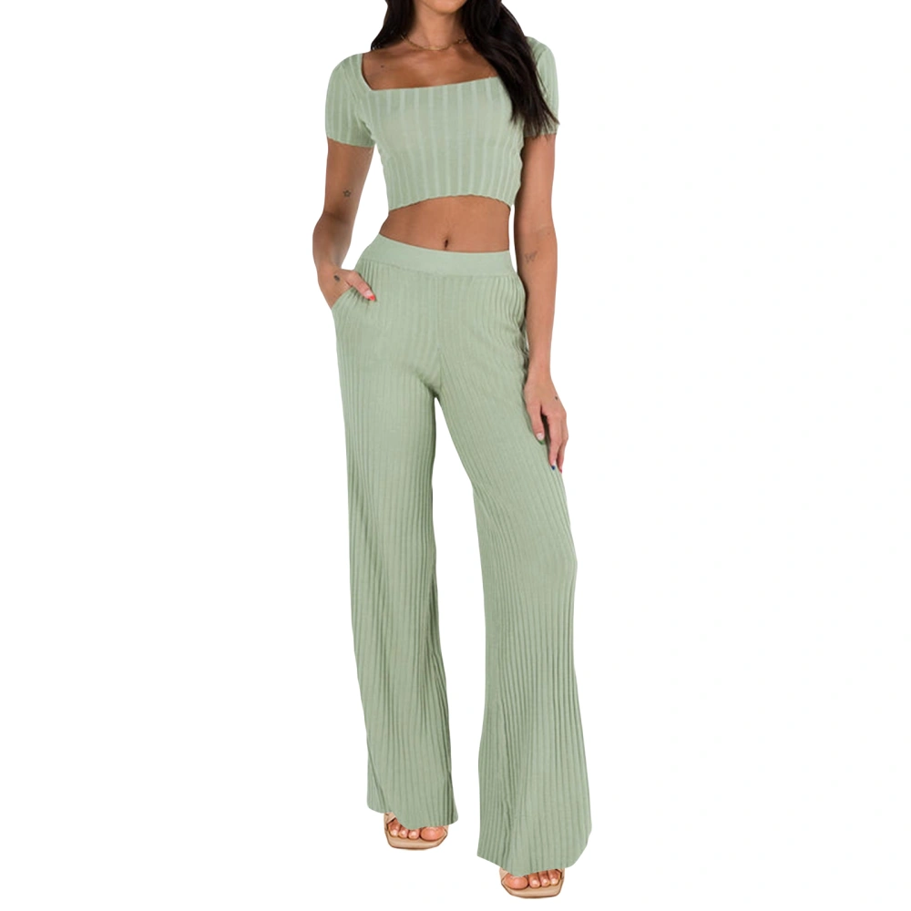 Women's Short Sleeve Square Neck Crop Tops + Solid Color Pants