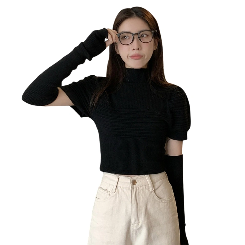 Women's Solid Color Short Sleeve High Neck Knitwear with Arm Sleeves