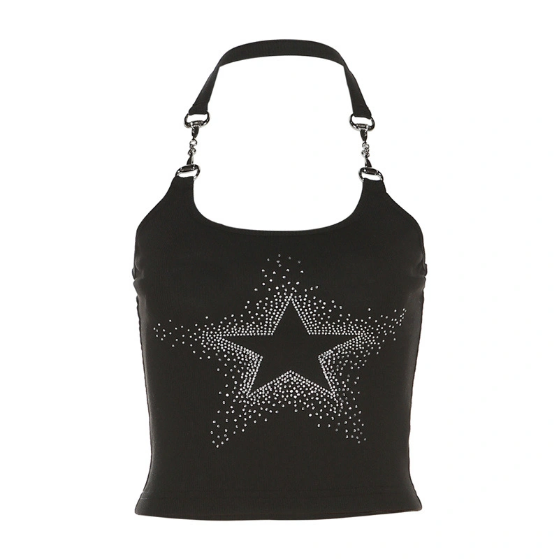 Women Crop Halter Tops Rhinestone Stars Print Backless Shirt Camisole