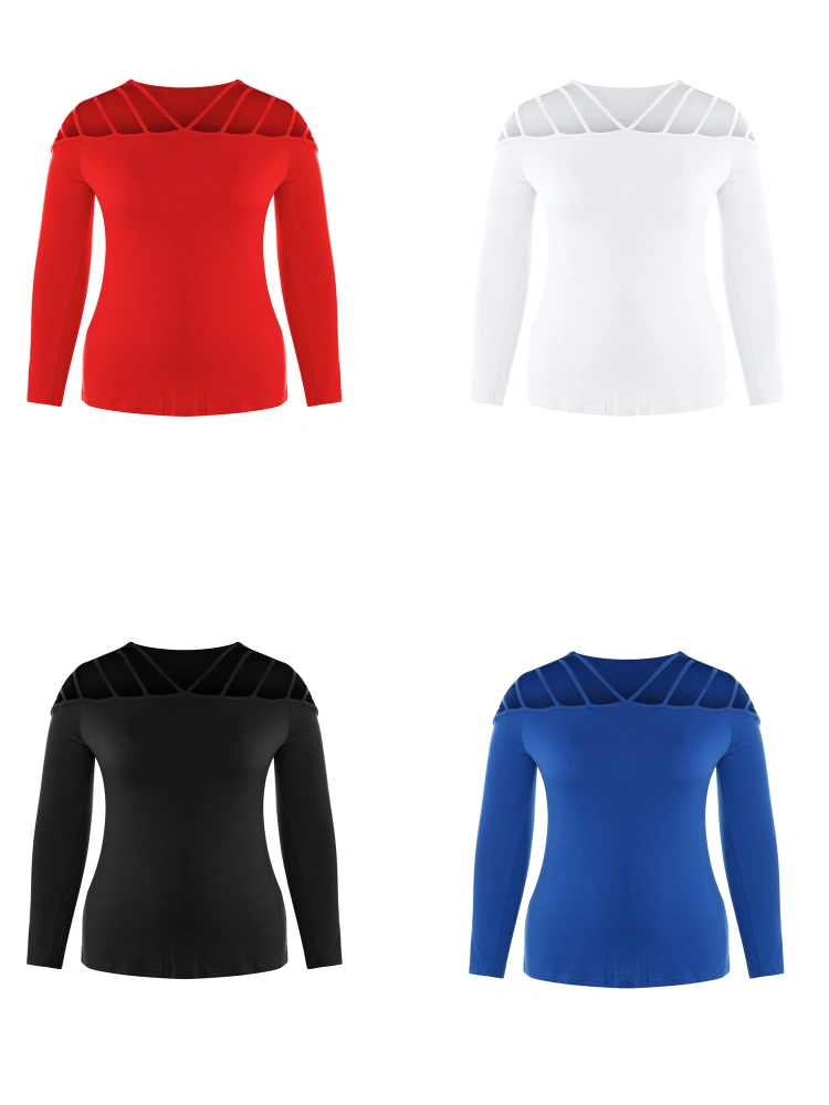 Women Hollow-out T-shirt, Casual Solid Color Long Sleeve Round Neck Pullover