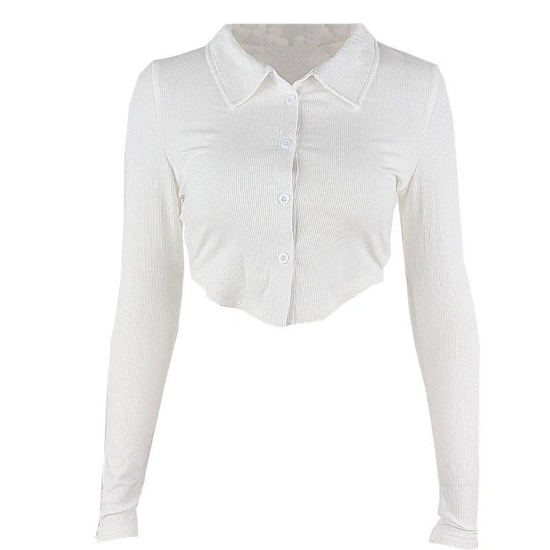 Women Fitted Crop Tops, Solid Color Lapel Long-Sleeve Button-Up Blouse