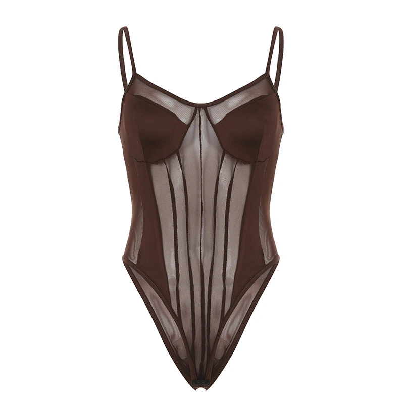 Women Cami Bodysuits, Sleeveless Backless Mesh Patchwork Leotard Tops