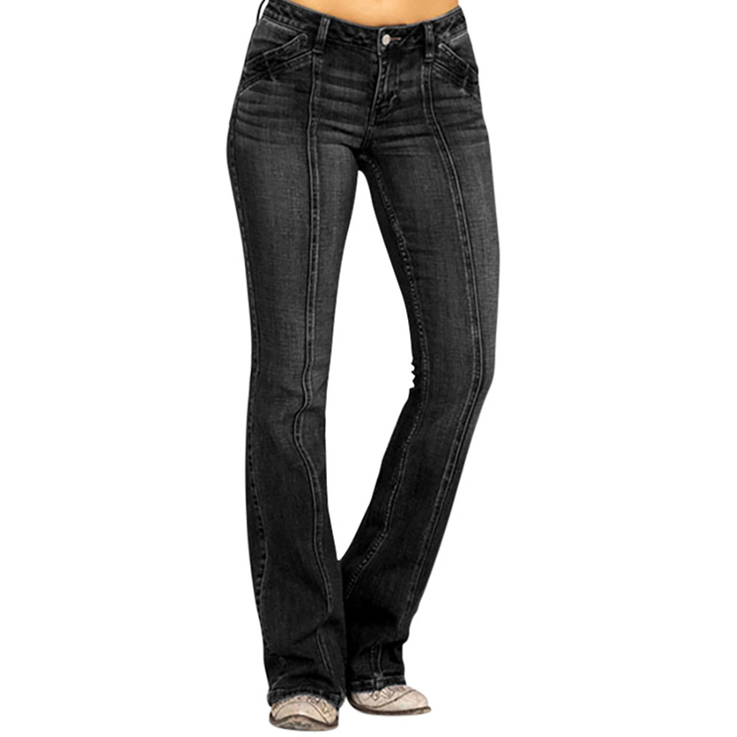 Women Flared Denim Pants Retro Stretchy Washed Bell Bottom Jeans