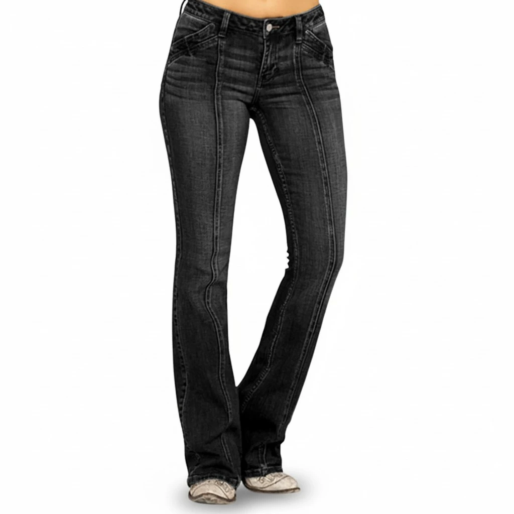 Women Flared Denim Pants Retro Stretchy Washed Bell Bottom Jeans
