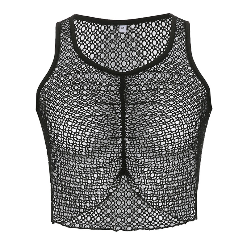 Women Tank Top, Sleeveless Mesh Irregular Hem See-through Tops