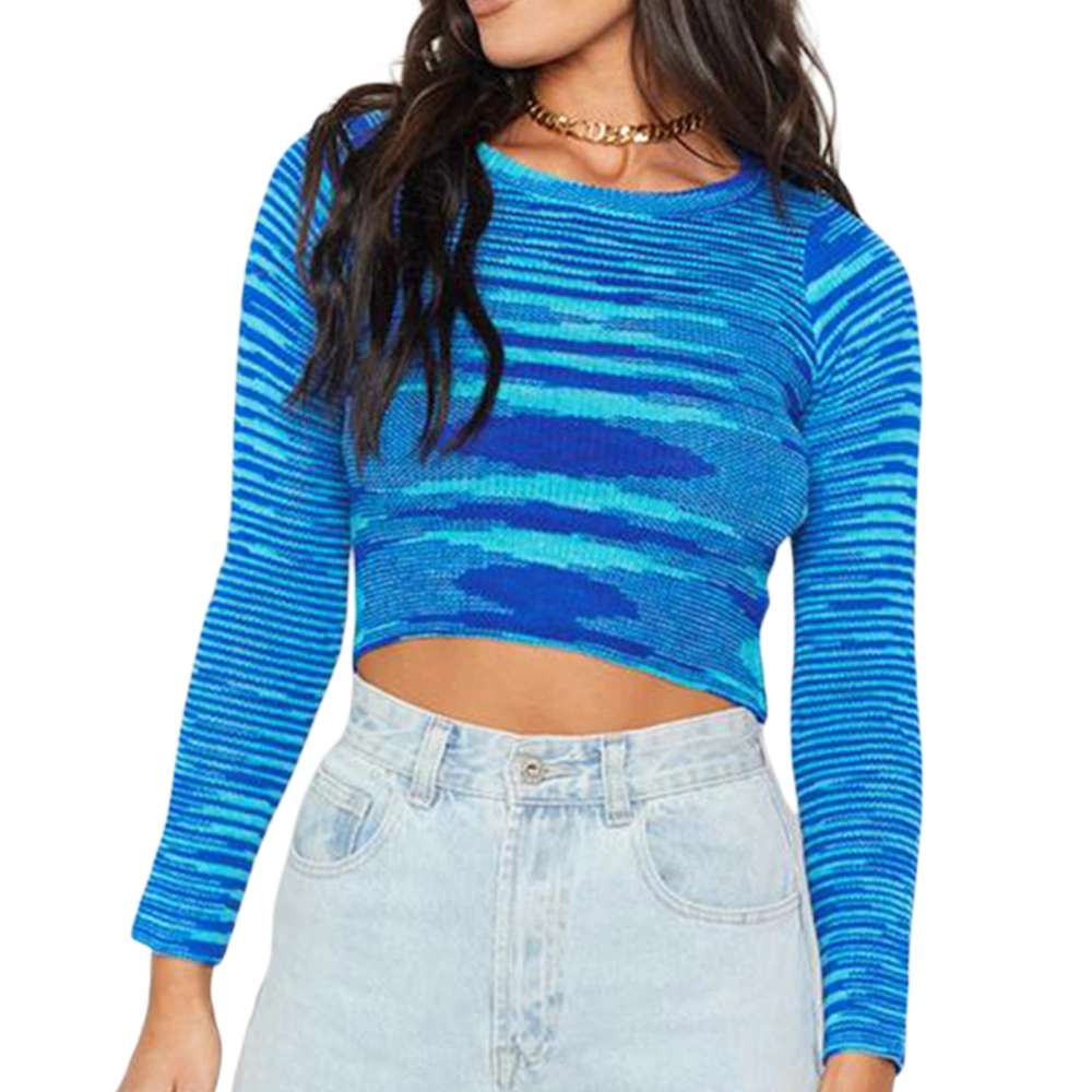 Women Knit Crop Tops, Long Sleeve Striped Tie Dye Print T-Shirts