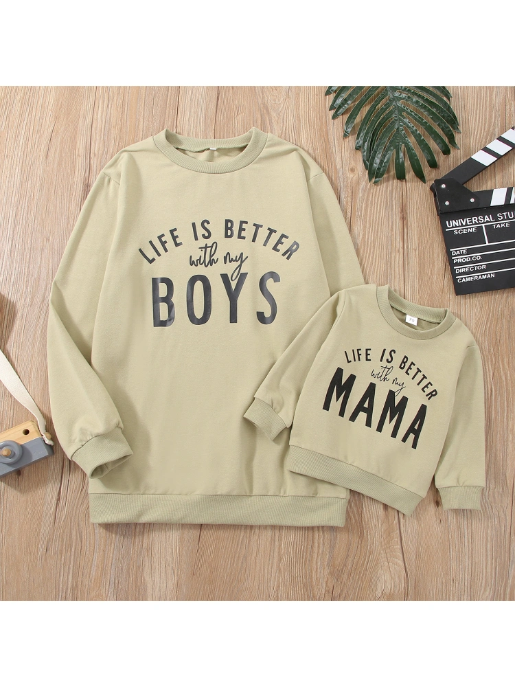 Parent-child Sweatshirt, Letters Printed Pattern Round Collar Pullover