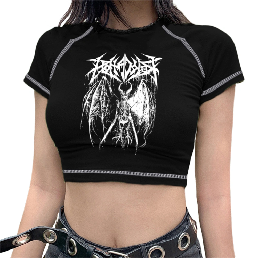 Women’s Anime Demon Printing Exposed Navel Short Sleeve T-shirt