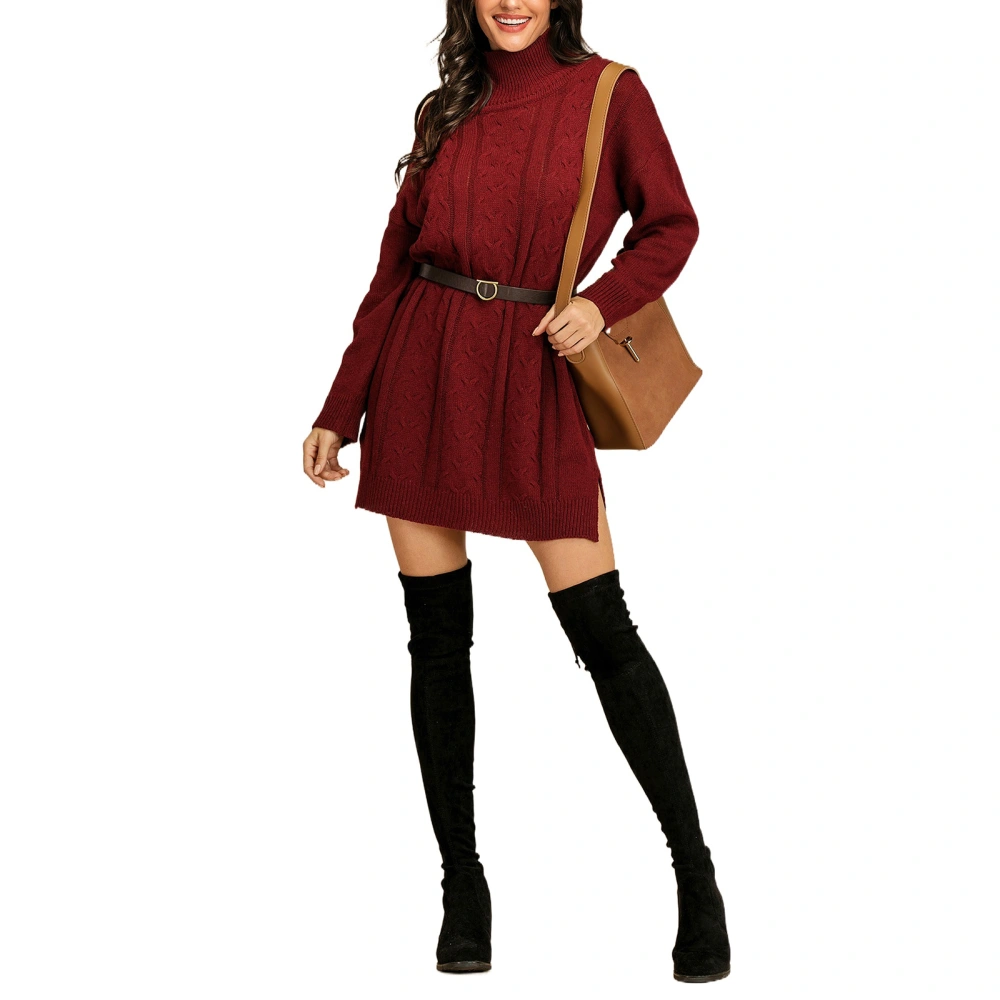 Cable-knit Dress, Solid Color High Collar Long Sleeve Slit One-piece