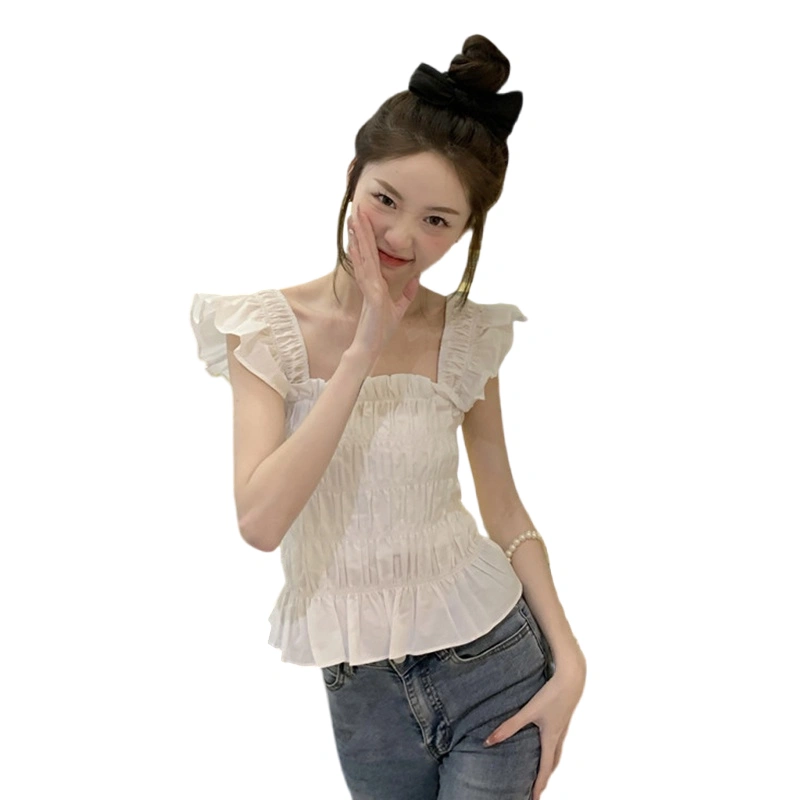 Women Fly Sleeve Crop Tops Solid Color Ruched Square Neck Shirts