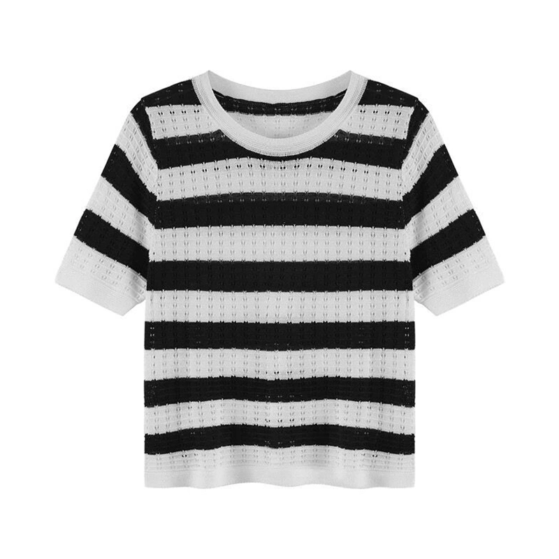 Ladies Pullover Tops Short Sleeve Crew Neck Striped Print Knit Tops