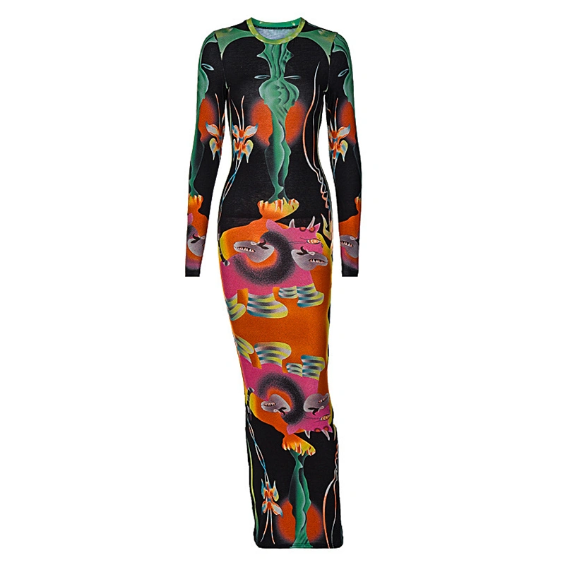 Women Long Sleeve Dress Retro Multicolor Print Bodycon Party Dress 