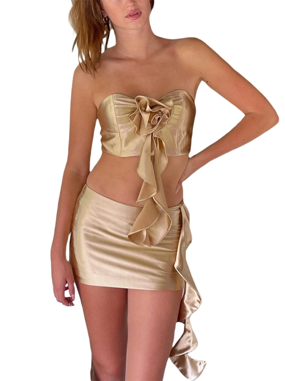 Women Skirt Set, Strapless Flower Ruffled Tube Top + Bodycon Skirt