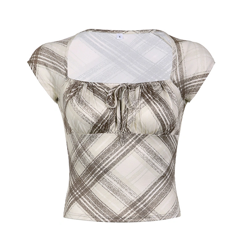 Women T-shirt, Square Neck Short Sleeve Tie-up Plaid Summer Tops