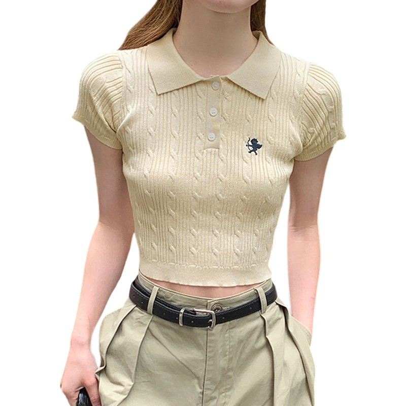 Women's Short Sleeve Lapel Embroidery Button Cropped T-shirt