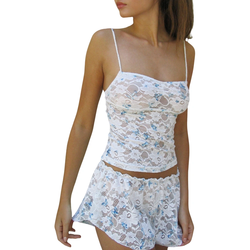 Women's Lace Flower Perspective Camisole + Elastic Waist Shorts