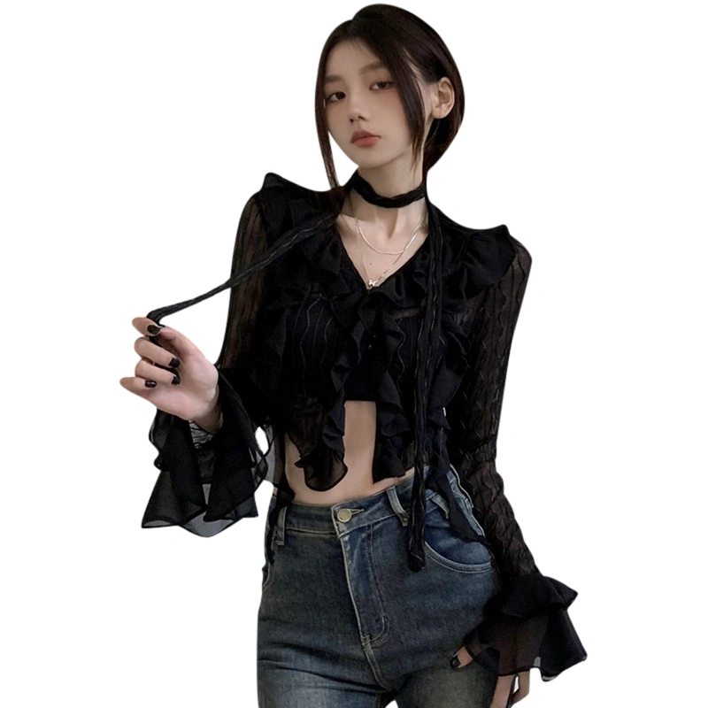 Women's Spring Black Long Sleeve V Neck Irregular Ruffle T-shirt