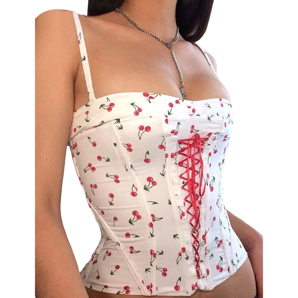 Women Corset Camisole Casual Cherry Print Bandage Sleeveless Crop Tops