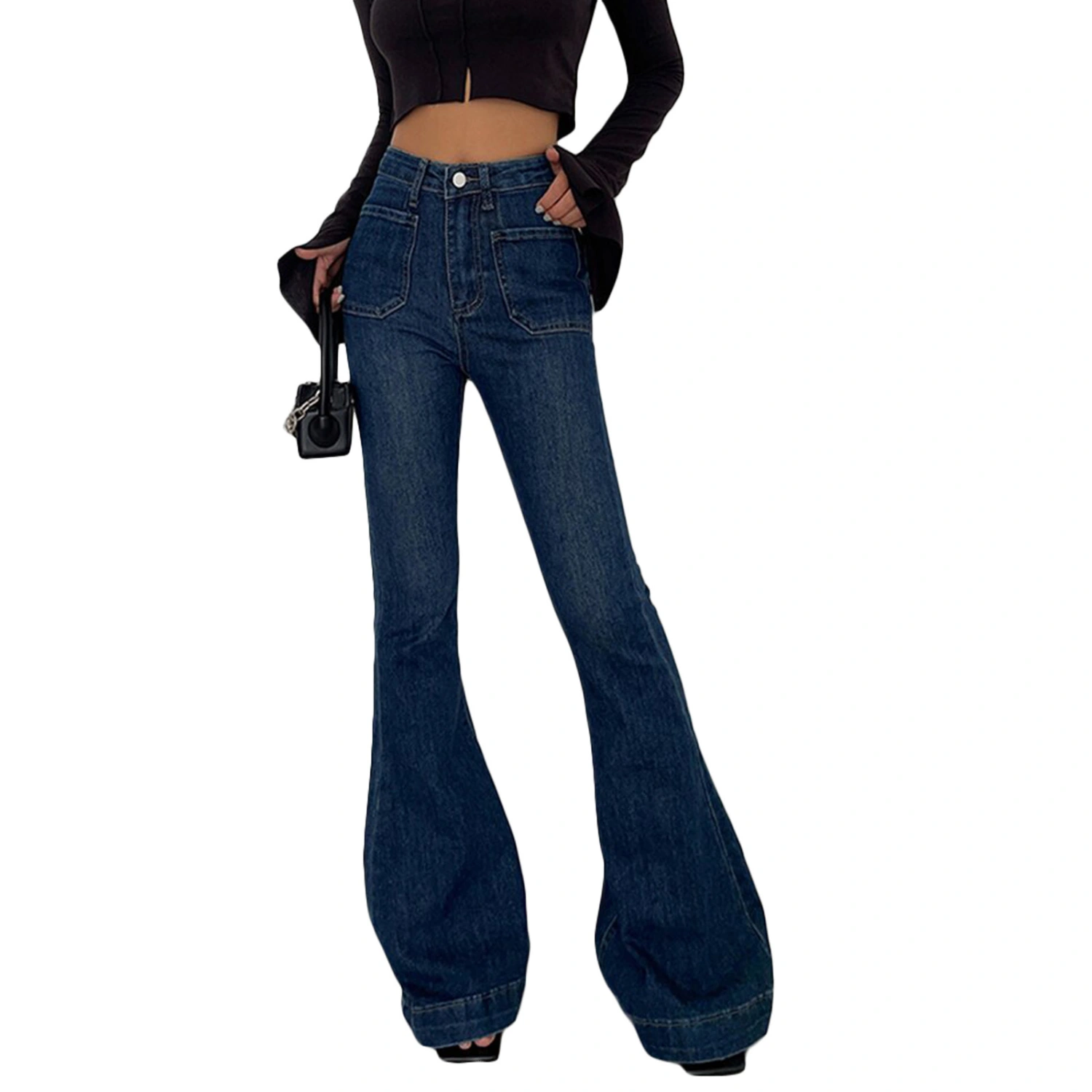 Women Fashion Flare Jeans Solid Color High Waist Pockets Denim Pants