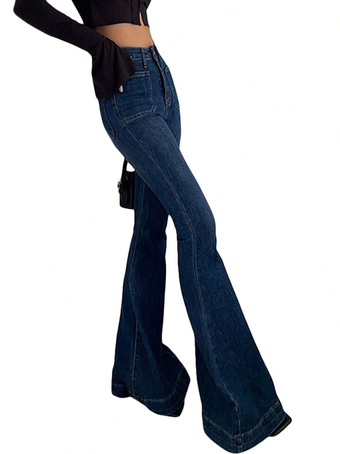 Women Fashion Flare Jeans Solid Color High Waist Pockets Denim Pants
