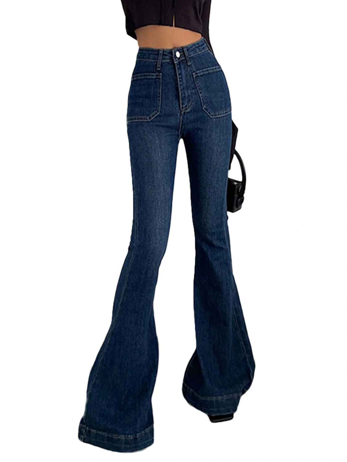 Women Fashion Flare Jeans Solid Color High Waist Pockets Denim Pants
