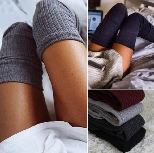 Fashion Winter Warm Women Knit Crochet Cotton Solid color Soft Thick Long Socks Thigh-High Leggings