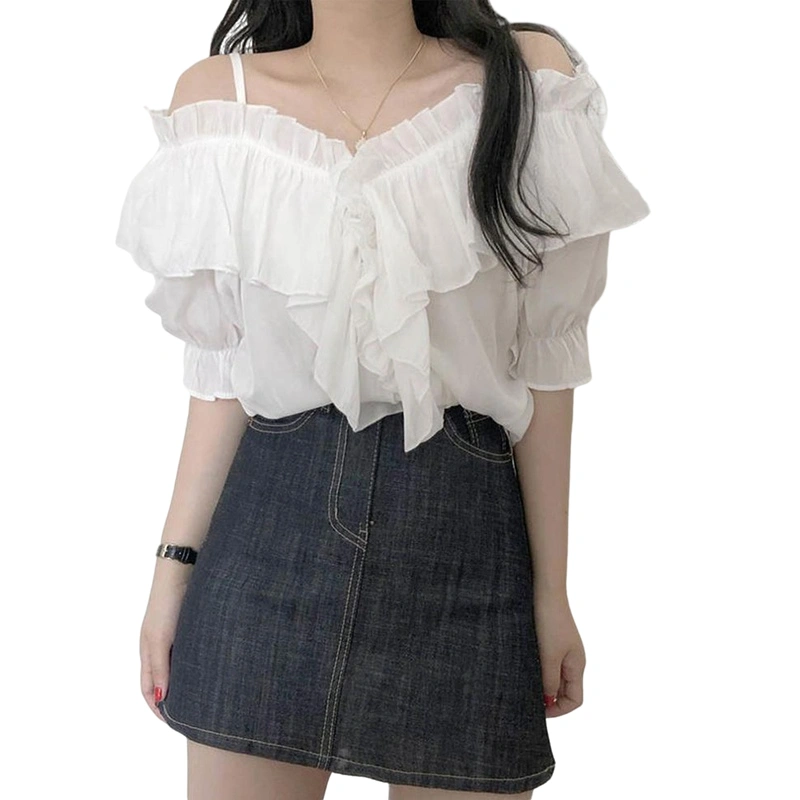 Women's Summer Solid Color Short Sleeve Off Shoulder Ruffle Shirt