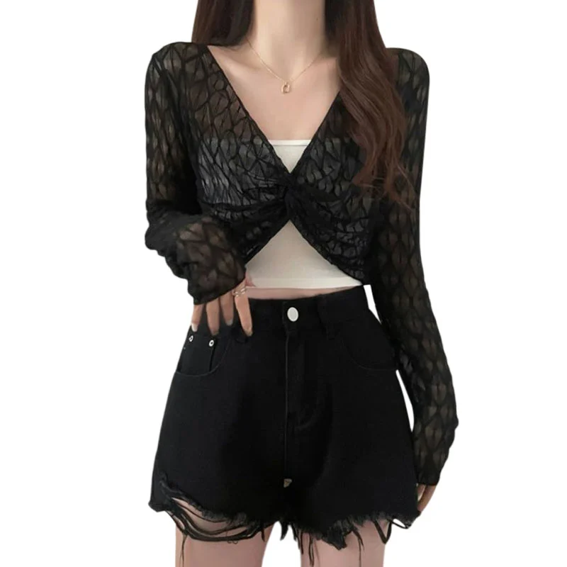 Women Sheer Mesh Crop Tops, Long Sleeve Twist Front Cover Up T-Shirts