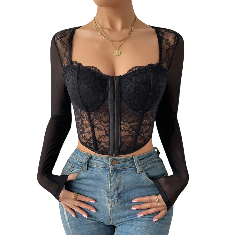 Women Crop Top Long Sleeve Square Neck See-through Lace Patchwork Tops