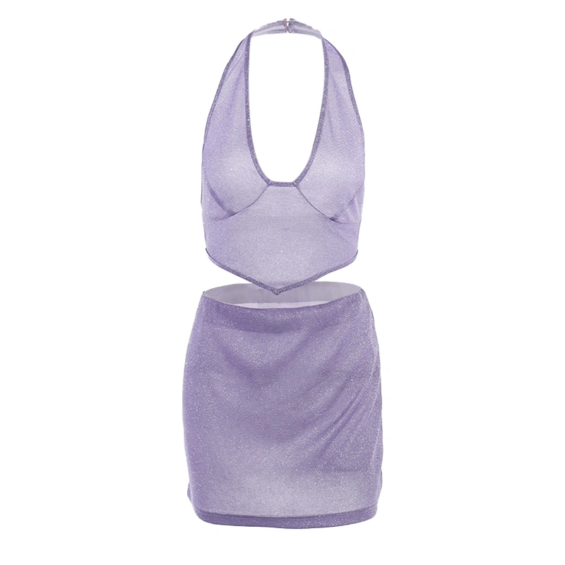 Women's Sleeveless Hanging Neck Tops + Purple Mini Glitter Skirt