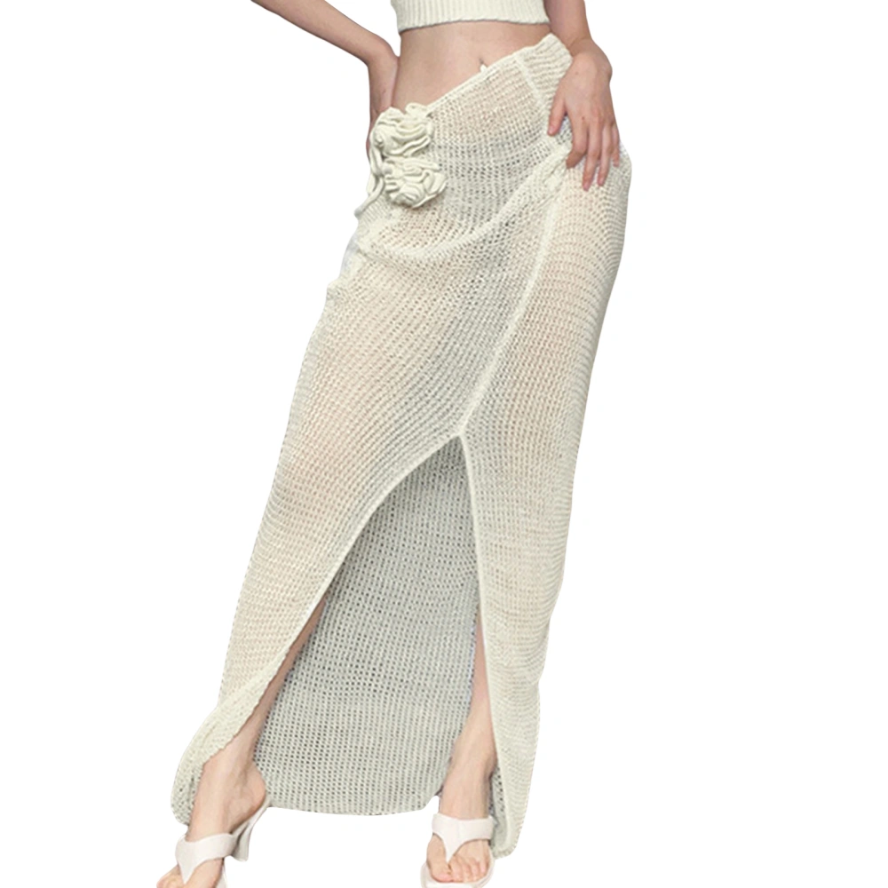 Women's Spring Summer Solid Color Split Sheer Hollow Long Skirt