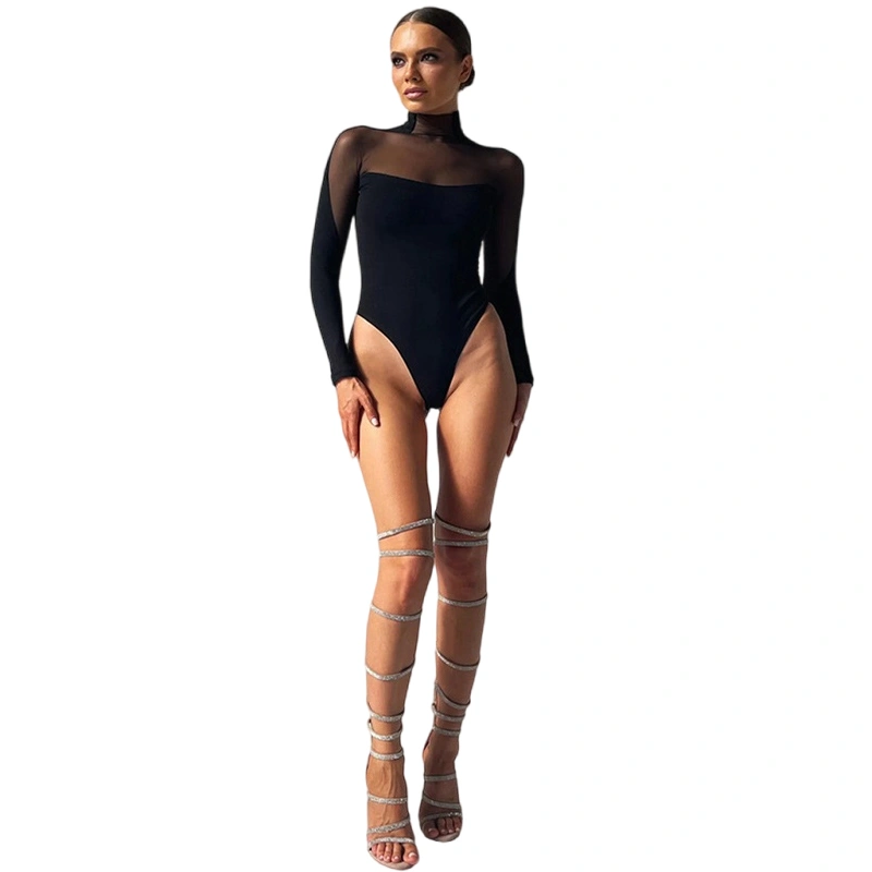 Women’s Mesh Bodysuit, Long Sleeve Mock Neck Patchwork Leotard Tops