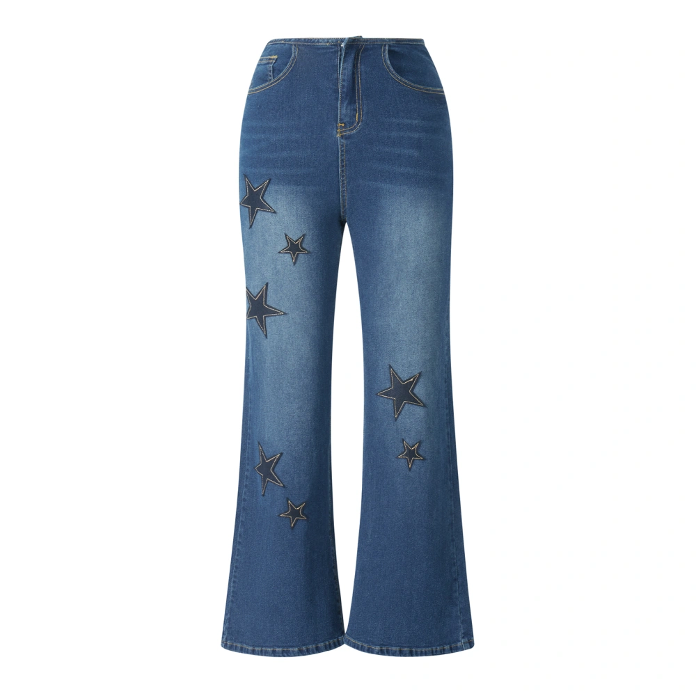 Women Flared Denim Pants Casual Retro Star Patchwork Bell Bottom Jeans