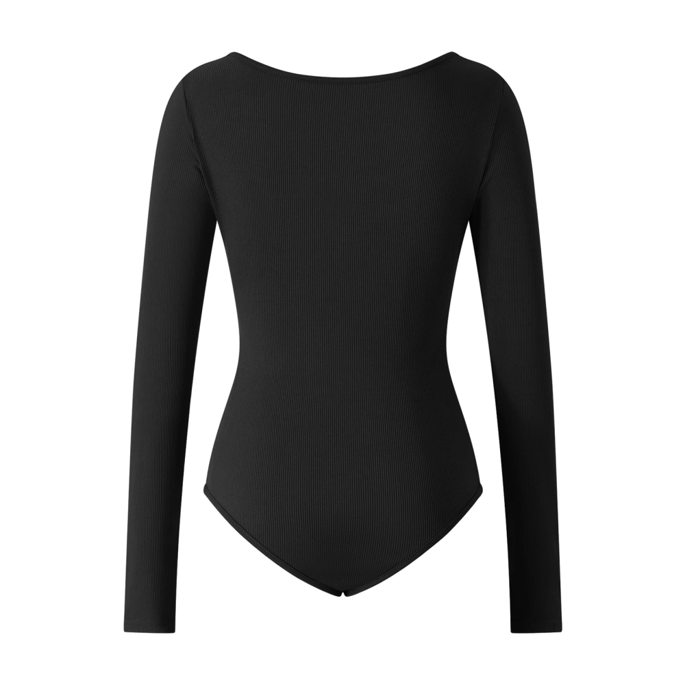 Women Bodysuits T-shirt Square Neck Solid Color Long Sleeve Jumpsuits