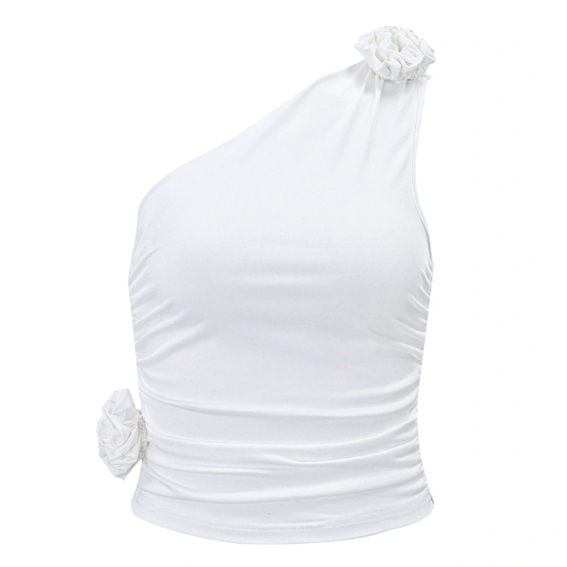 Women's Ruched Tank Tops, One Shoulder Sleeveless 3D Rosette Tops