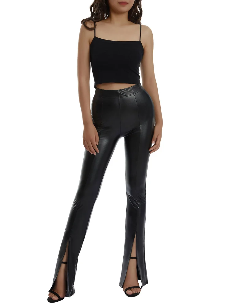 Women High Waist Stretch Leggings, Solid Color Split Hem Leather Pants