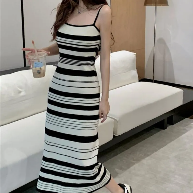Women Knit Dress, Spaghetti Straps Striped Long Dress Summer Dress