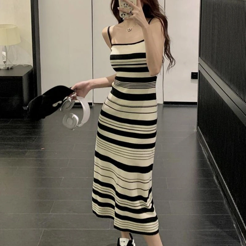 Women Knit Dress, Spaghetti Straps Striped Long Dress Summer Dress