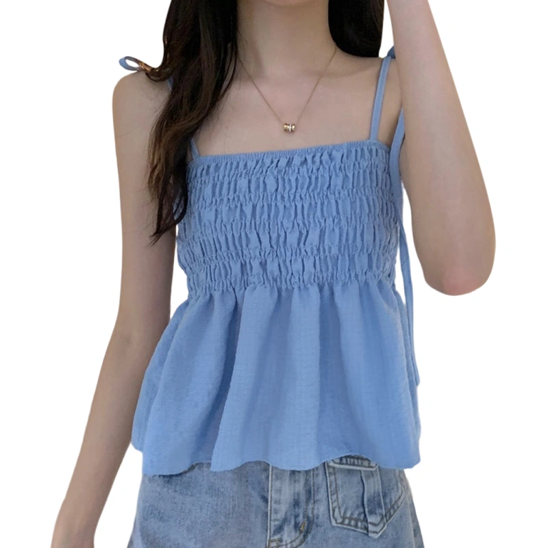 Women Camisole, Sleeveless Tops Tie-up Pleated Solid Summer Vest