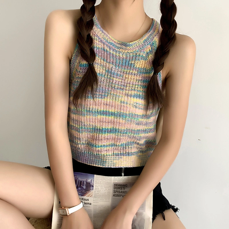 Women Rib Knit Tank Tops Sleeveless Crew Neck Tie Dye Print Sweater Vest