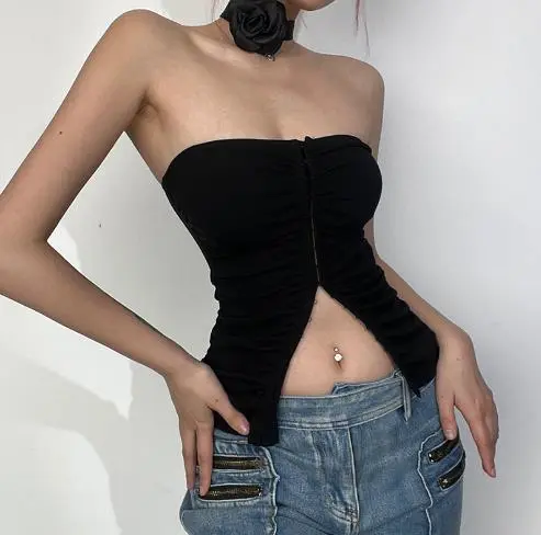 Women's Tube Tops, Central Clasp Bandeau Tops with Flower Choker